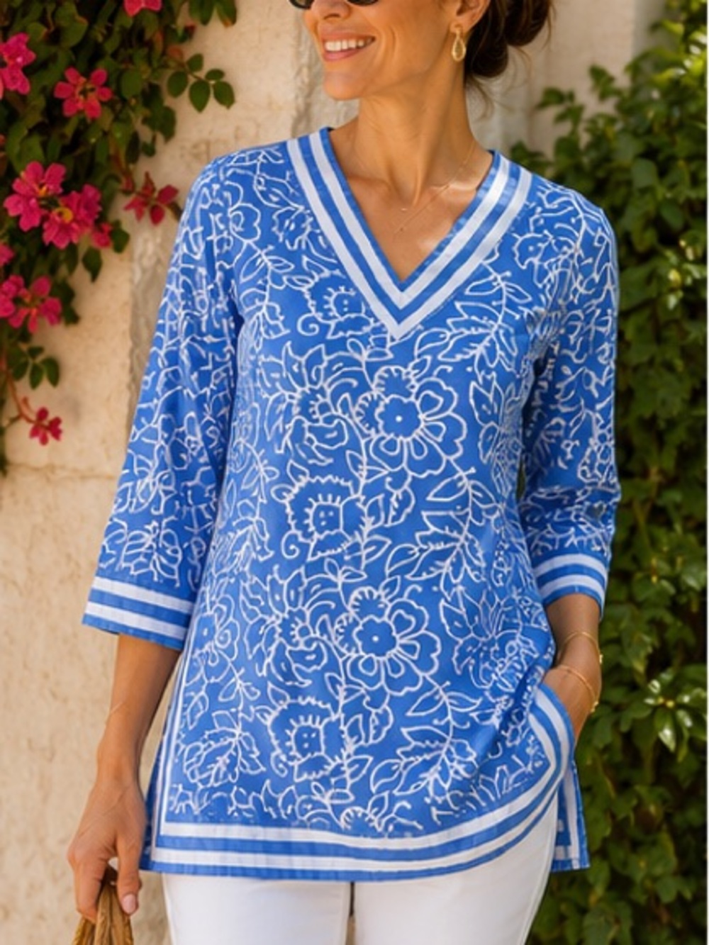 Gretchen Scott tunic cornflower blue cotton 3/4 sleeves Size XS